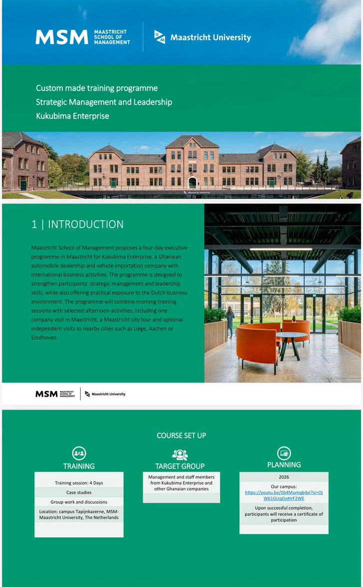 Maastricht School of Management custom training programme proposal on Strategic Management and Leadership for Kukubima Enterprise